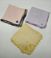VINTAGE HANDKERCHIEFS PASTELS 3 PURE IRISH LINEN LACE CROCHET BUTTERFLY BORDERS