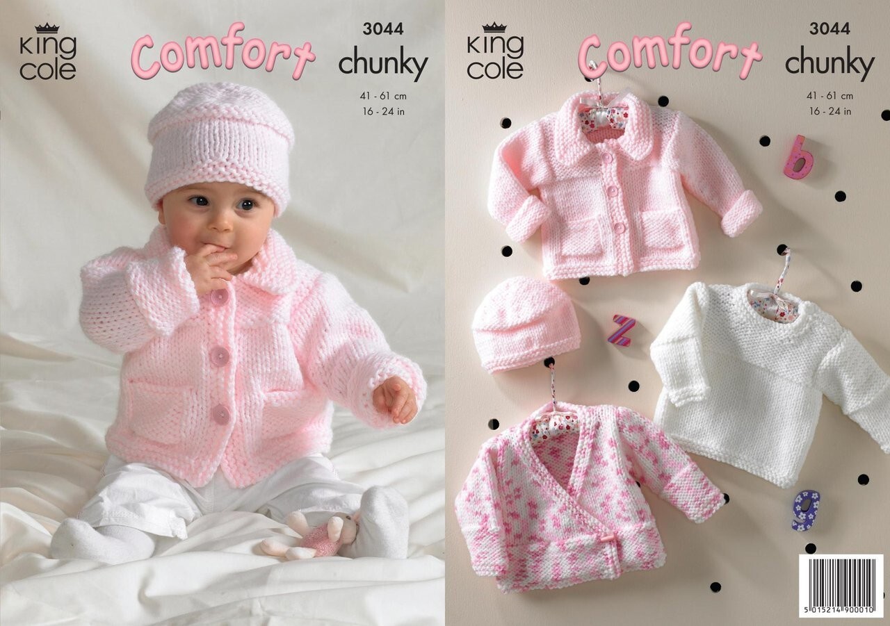 King Cole Baby Chunky Knitting Pattern - 3044 Jacket, Sweater, Cardi & Hat