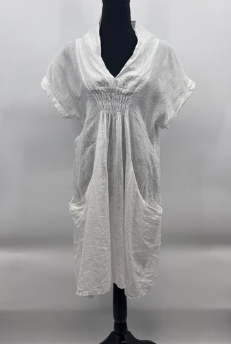 Meo Meli Dress Women Large White Linen Short Sleeve VNeck Pocket Italy Lagenlook