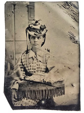Antique Tintype Photo Stunning Pretty Victorian Woman Fancy Hat Dress Fashion