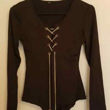 Nylon Spandex Black Leotard With Gold Chain Small