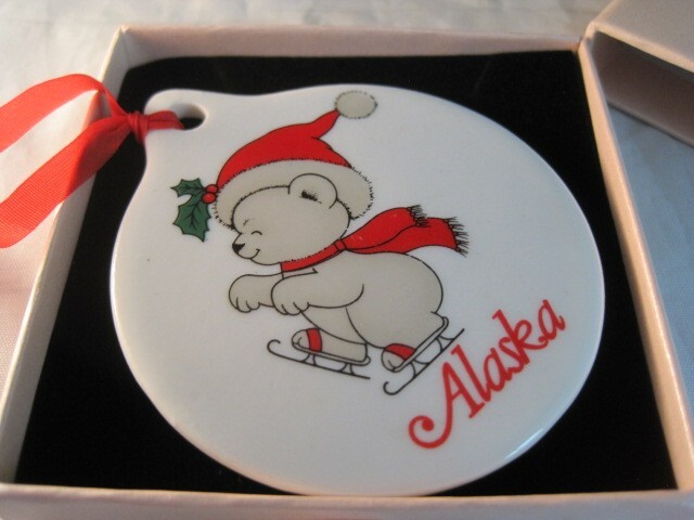 Alaska Ceramic Boxed Ornament Skating Polar Bear Merry Christmas 