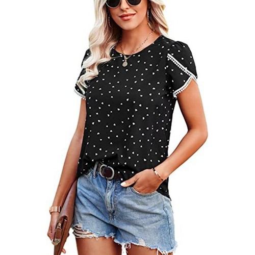 Womens Summer Tops Round Neck Petal Sleeve Tshirts with Lace Casual Blouse - Picture 13 of 14