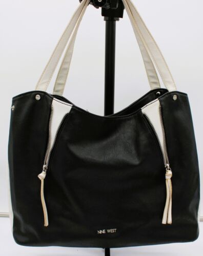 Nine West Black Faux Leather Tote Bag White Accents Double Strap Zip Pocket