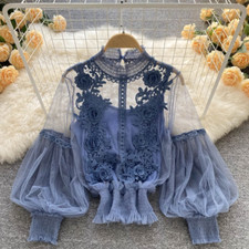 Elegant Lady Floral Lace Blouse T Shirt Long Puff Sleeve Mock Neck Blouse Casual