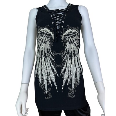 #ad Women’s Gothic Black Tank Top with Lace Up Angel Wings Graphic Cotton Spandex $34.95