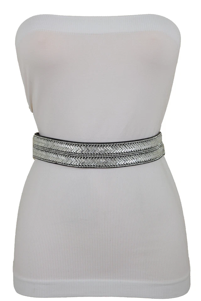 Mujeres Elegante Moda Negro Banda Elástica Cinturón Brillante Plateado Estrás Talla S M Foto 4 de 4