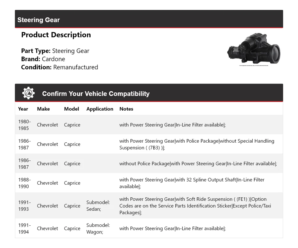 For 1980-1994 Chevrolet Caprice Steering Gear Cardone 1981 1982 1983 1984 1985 - Image 2 of 4
