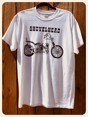 SHOVELHEAD BIKE White tee shirt chopper harley rigid frame springer engine vtg 