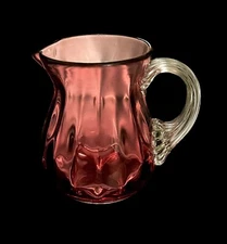 Vintage Pilgrim Glass Hand Blown Cranberry Pitcher W/ Ribbed Handle 3.5” Dainty