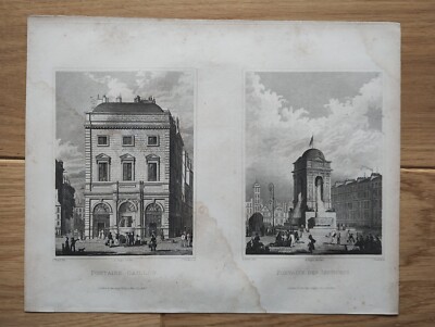 Fontaine Gaillon and Fontaine Des Innocens, Paris - Antique Print - 1831