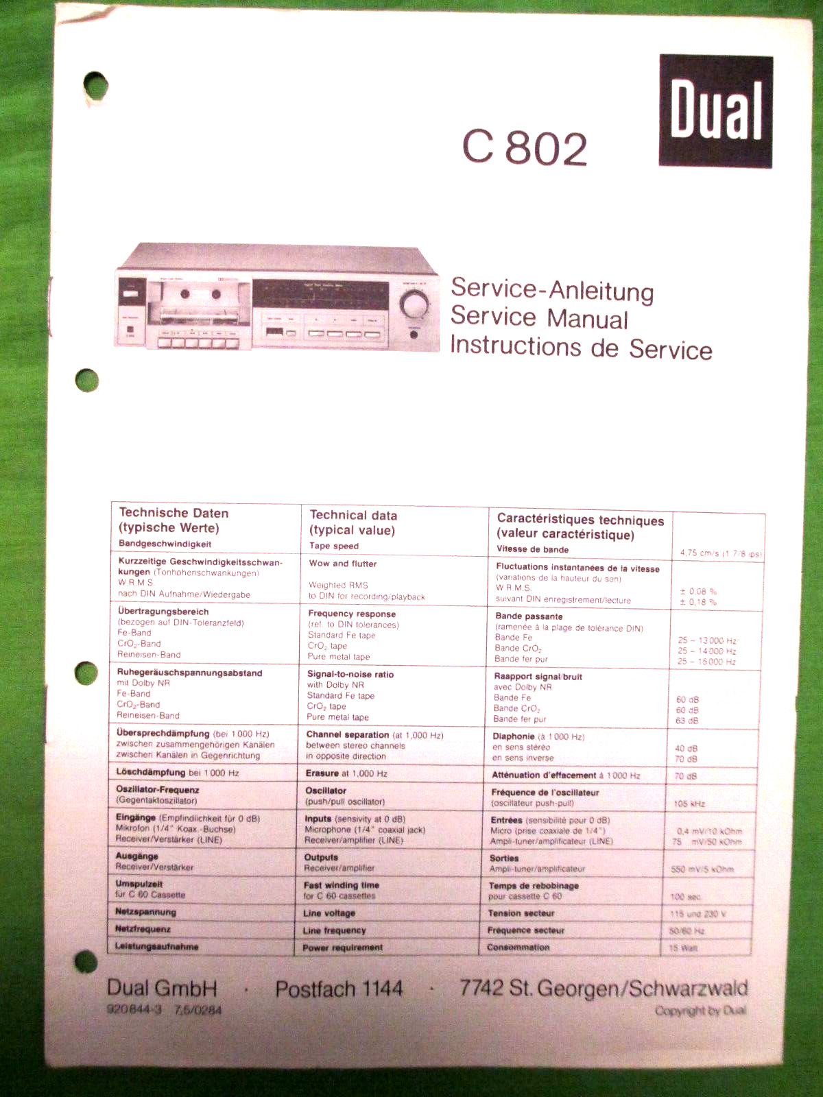 DUAL C 802  CASSETTE  SERVICE MANUAL ORIGINAL NEW NEVER USED NOT A  PHOTO COPY
