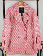 Coach Womens Size 6 Wool Mohair Silk Leather Pea Coat Herringbone Pink White