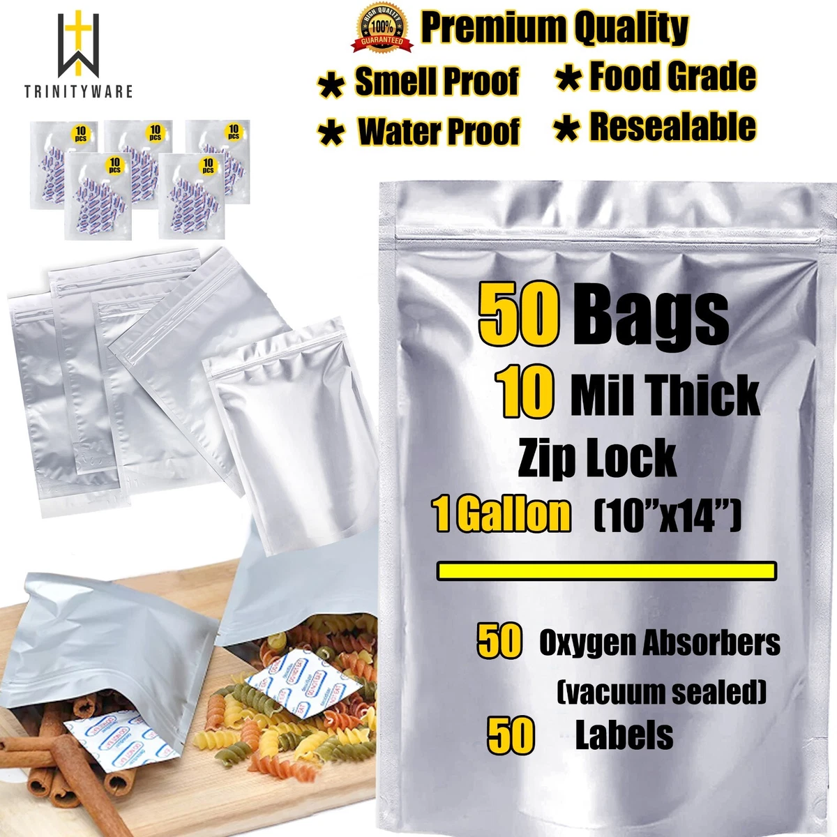 Smell Proof 10 Mil Thick Mylar Bags 1 Gallon w/ Oxygen Absorber