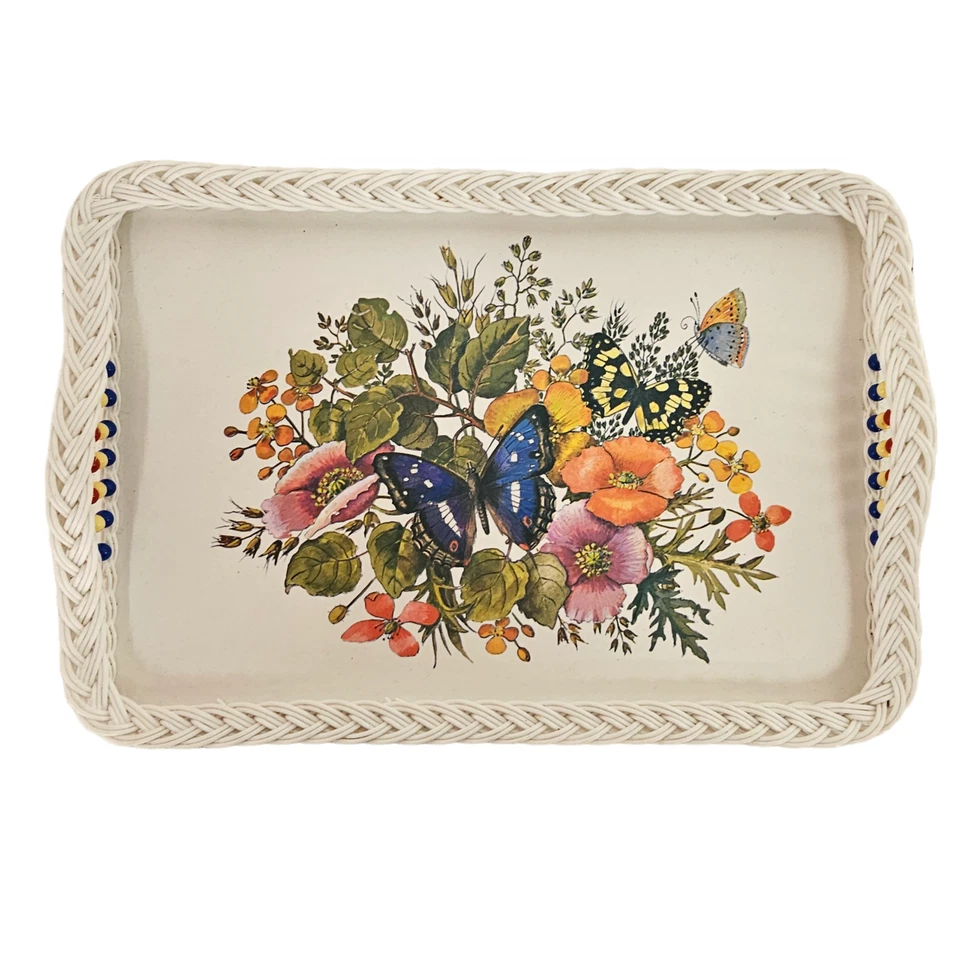 Bandeja de café da manhã vintage década de 1970 linha floral real borboleta vime branco Inglaterra 18" - Imagem 2 de 4
