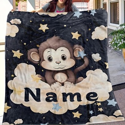 1pc Custom Space Monkey Blanket with Personalized Name & Text, Unique Design P