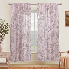 Xiazhilaio Pink Botanical Curtains 52 x 84 Inch, 2 Panels, Semi Sheer Faux Li...
