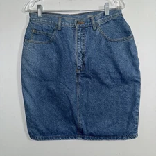 Vintage Gitano Blue Denim Jean Skirt SIZE 15/16 Light Wash Orange Threads Knee