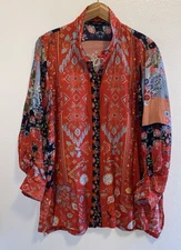 John Mark Boho Floral Mixed Media Roll Tab Sleeve Wire Collar Blouse Large