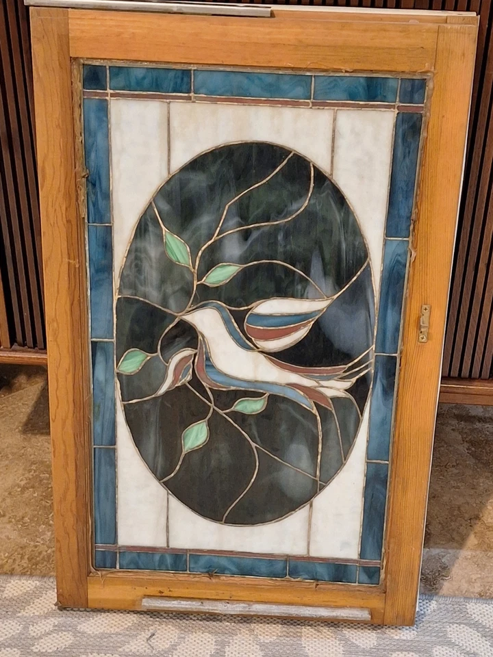 1920s ANTIQUE STAINED GLASS WINDOW - 28 by 14 Red, White, and Blue Dove of Peace - Image 3 of 4