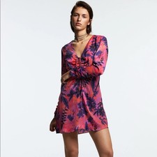 Zara Pink Purple Floral V-Neck Satin Mini Dress medium