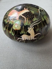 Kashmir India Paper Mache Hand Painted Lacquer Trinket Jewelry Box - Animals