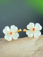 Nature Jade Gemstone Flower Handmade 925 Silver Stud Earrings