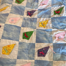 Vintage Handmade Kite Patchwork Crib Quilt 100 Cotton Baby Blanket Blue White