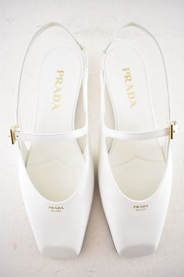 靴 PRADA mary jane square toe heels white Prada White Leather Square Toe Mary Jane Slingback Ballerina