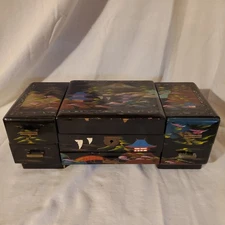 Vintage Japanese Black Lacquered Musical Jewelery Box Hand Painted 