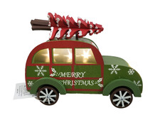 Green Woody Car Lighted LED with Pine Tree Merry Christmas Figurine made of Wood