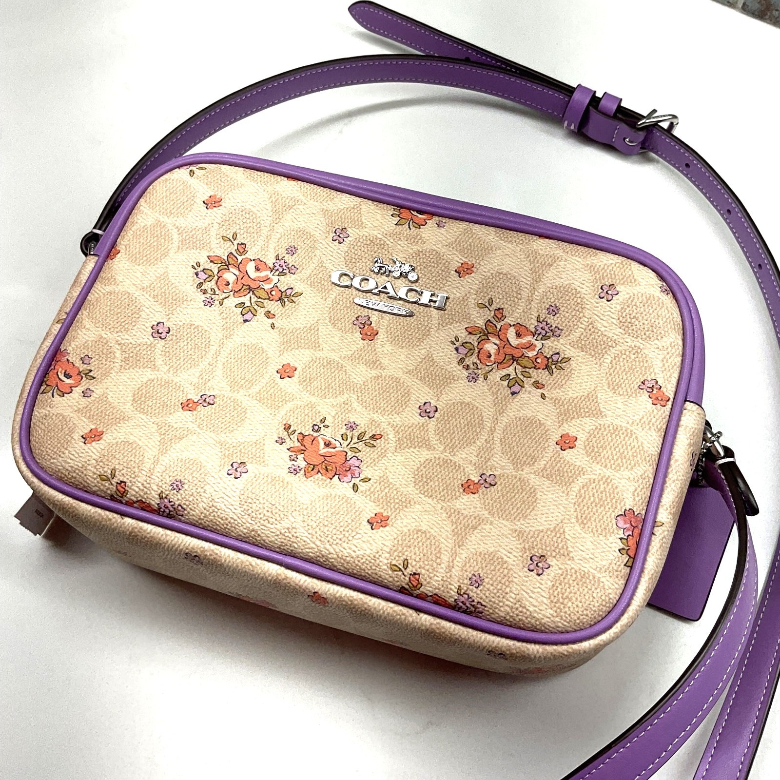 Coach Signature Sand Lavender Floral print Jamie Crossbody Mini/Camera Bag NWT