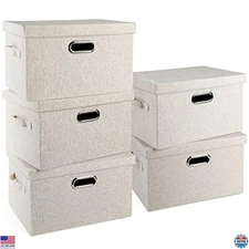 Beige 15" Medium Collapsible Storage Bins, 21 Quart Stackable Fabric Boxes,
