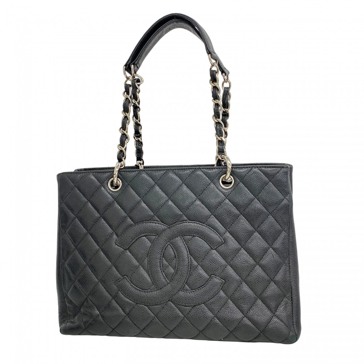 CHANEL Black Caviar Matelassé Tote with Silver Chain Shoulder Strap Pre-Owned