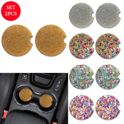Set 2 PCS Round Glitter Sparkle Drink Cup Holder Car Coasters Decorative 2.87''