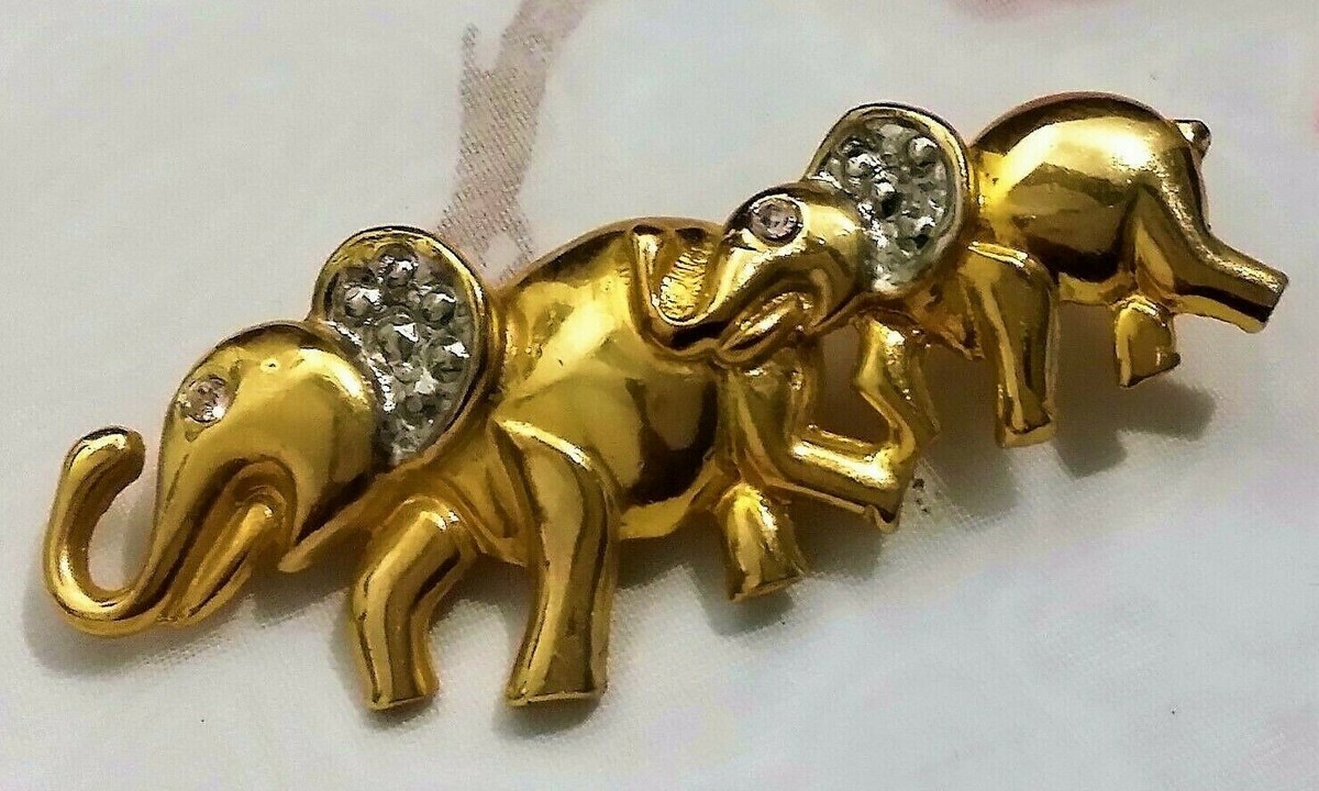 MAGNIFIQUE Broche métal doré, strass et pierres orange éléphant/VINTAGE