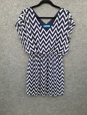 Buttons Dress Women's Size Large Sleeveless Elastic Waist Lined Blue Chevron 