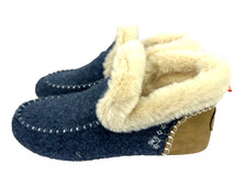 Womens Slippers Size 7-8 39 Blue/Tan Topstitch Embroidery Sherpa Lining No Brand