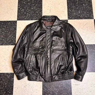 Wilsons Black Leather Cafe Racer Moto Motorcycle Biker Jacket Men's Large