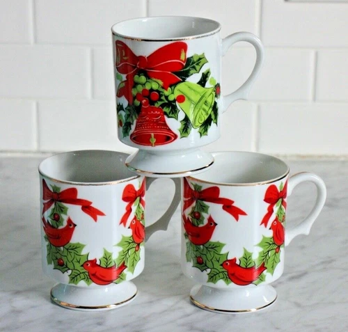 LEFTON 1980's Irish Coffee Tea Mugs Cups Christmas Bells Birds Wreaths - Vintage