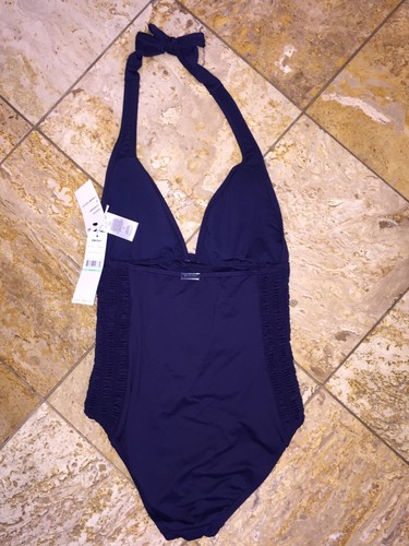 DKNY Donna Karan Marine Johannisbeere Neckholder V-Ausschnitt Einteiler Badeanzug Damen Neu mit Etikett - Bild 4 von 5
