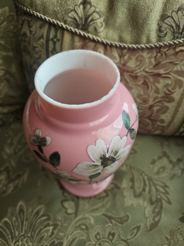 Pair Antique Bristol pink opaline glass vase hand painted flowers - Picture 14 of 24