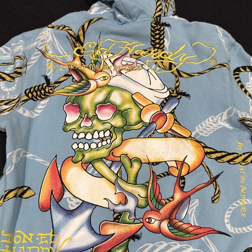 Ed Hardy By Christian Audigier Kids Zip-up Swallow Skull Sky Blue Size Large New - Picture 5 of 6