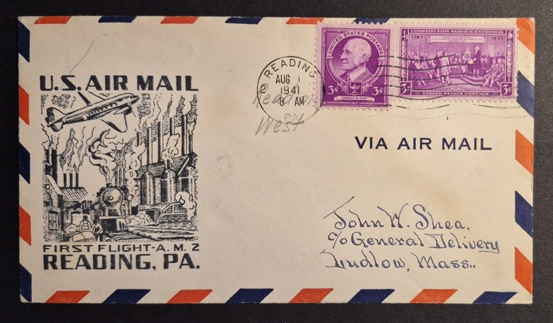 1941 First Flight Reading PA Pennsylvania Airmail CAM 34 34E43 Air Mail Cover