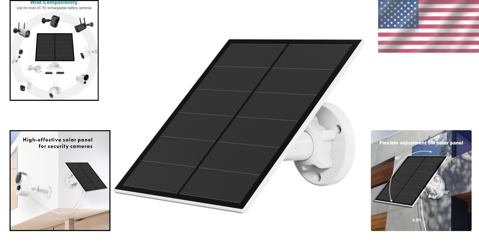 Versatile 5W Solar Panel - Adjustable Mount for Outdoor Battery Security Cameras