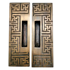 Pair of Solid Brass Chinese Carved Pull Handles, Sliding Door Cabinet Brass
