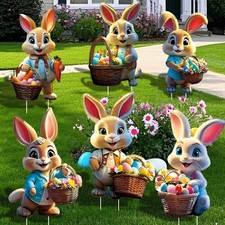 6PCS Easter Bunny Yard Signs Decorations Outdoor with Stakes Cute Easter Bunn...