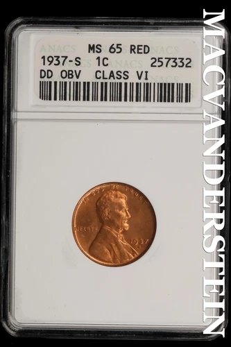 1937-S Lincoln Wheat Cent-ANACS MS 65 RED DD OBV Class V1 No Reserve #SLL556