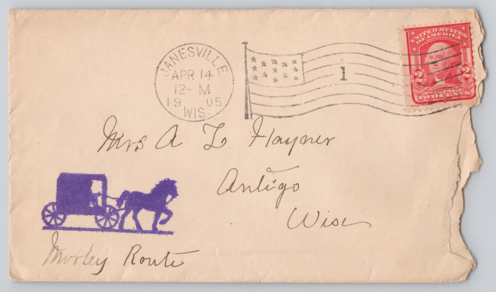 Janesville, Wis, 1905 Cancelled Cover to Arlington, 2c Washington Apr 14 1905
