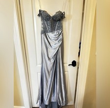 Sherri Hill Satin Lace Beaded Rhinestone blue gray Slit Gown 4